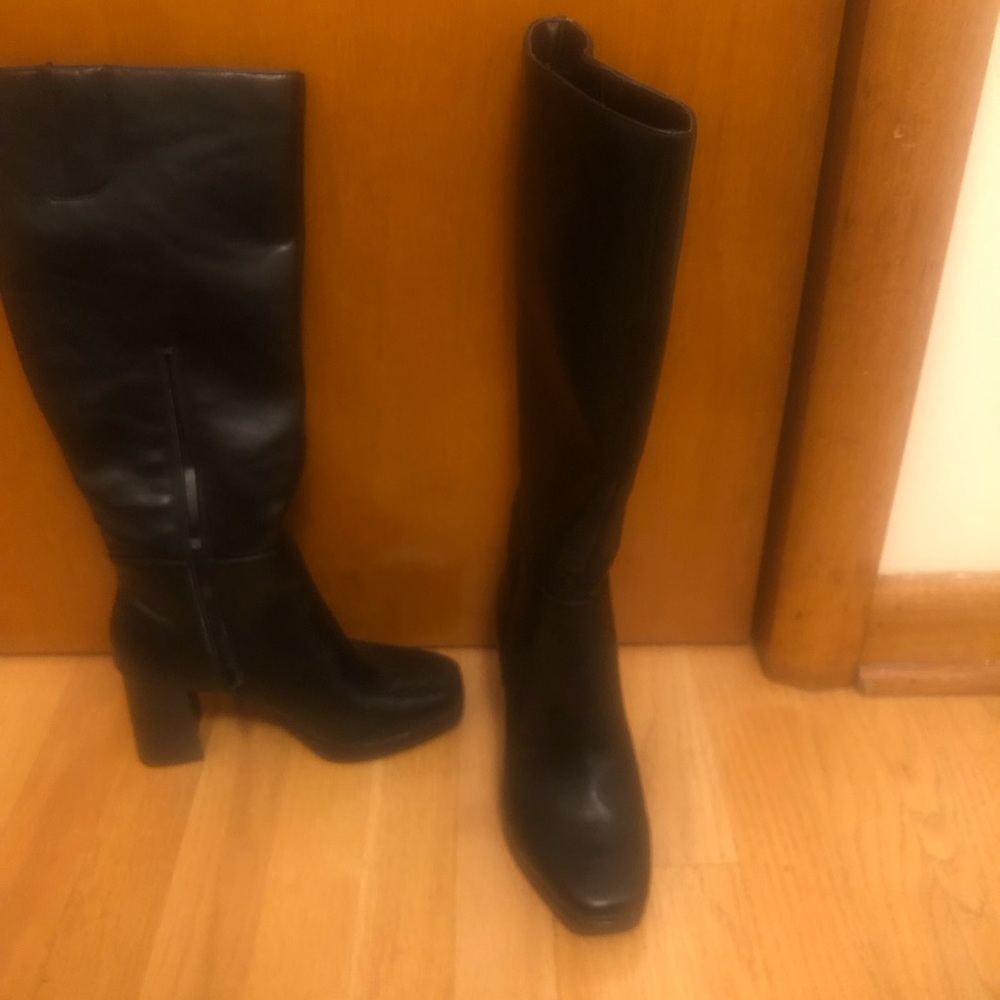 Ana Gram Knee High Boots Womens Sz 6 Black Faux Leather Block Heel
